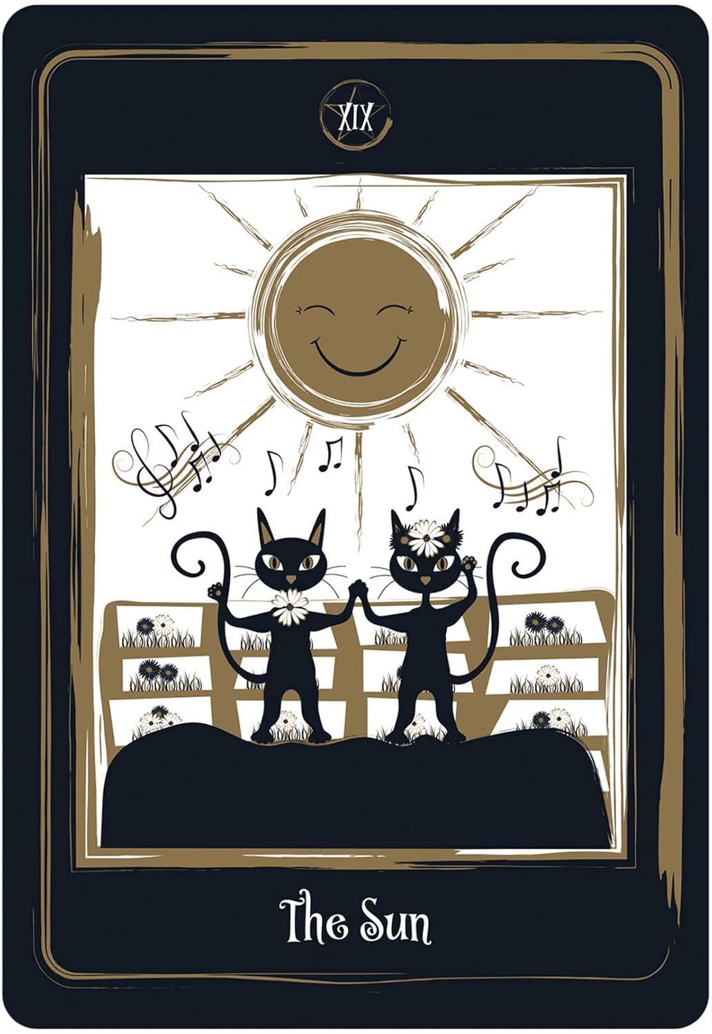 Tarot card titled 'The Sun' with black cats and a smiling sun.