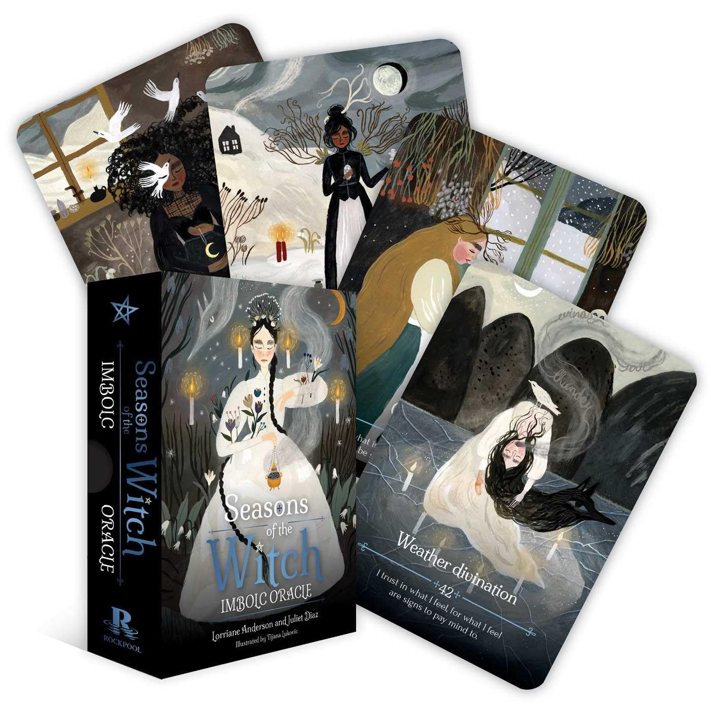 Set of 'Seasons of the Witch' oracle cards with a box on a white background
