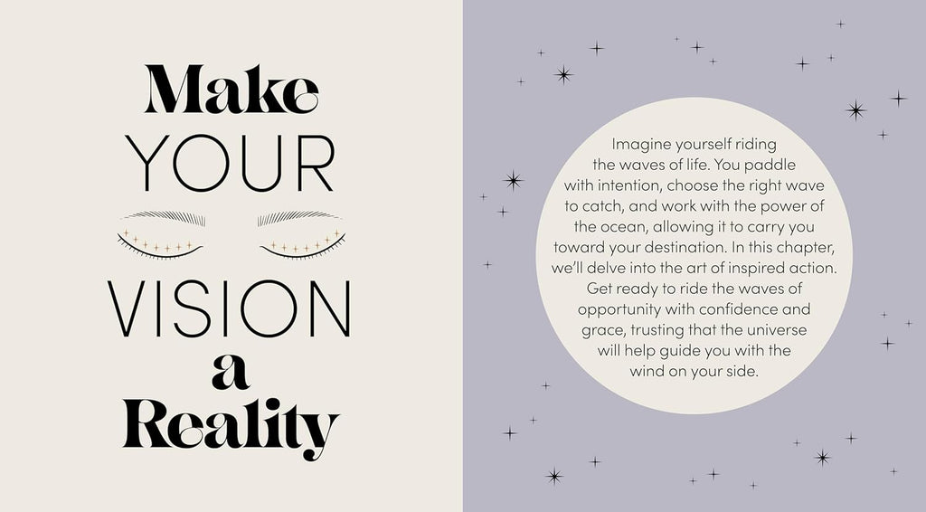 Motivational quote on a light purple background with star-like shapes.