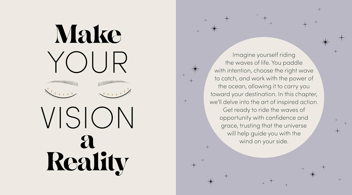 Motivational quote on a light purple background with star-like shapes.