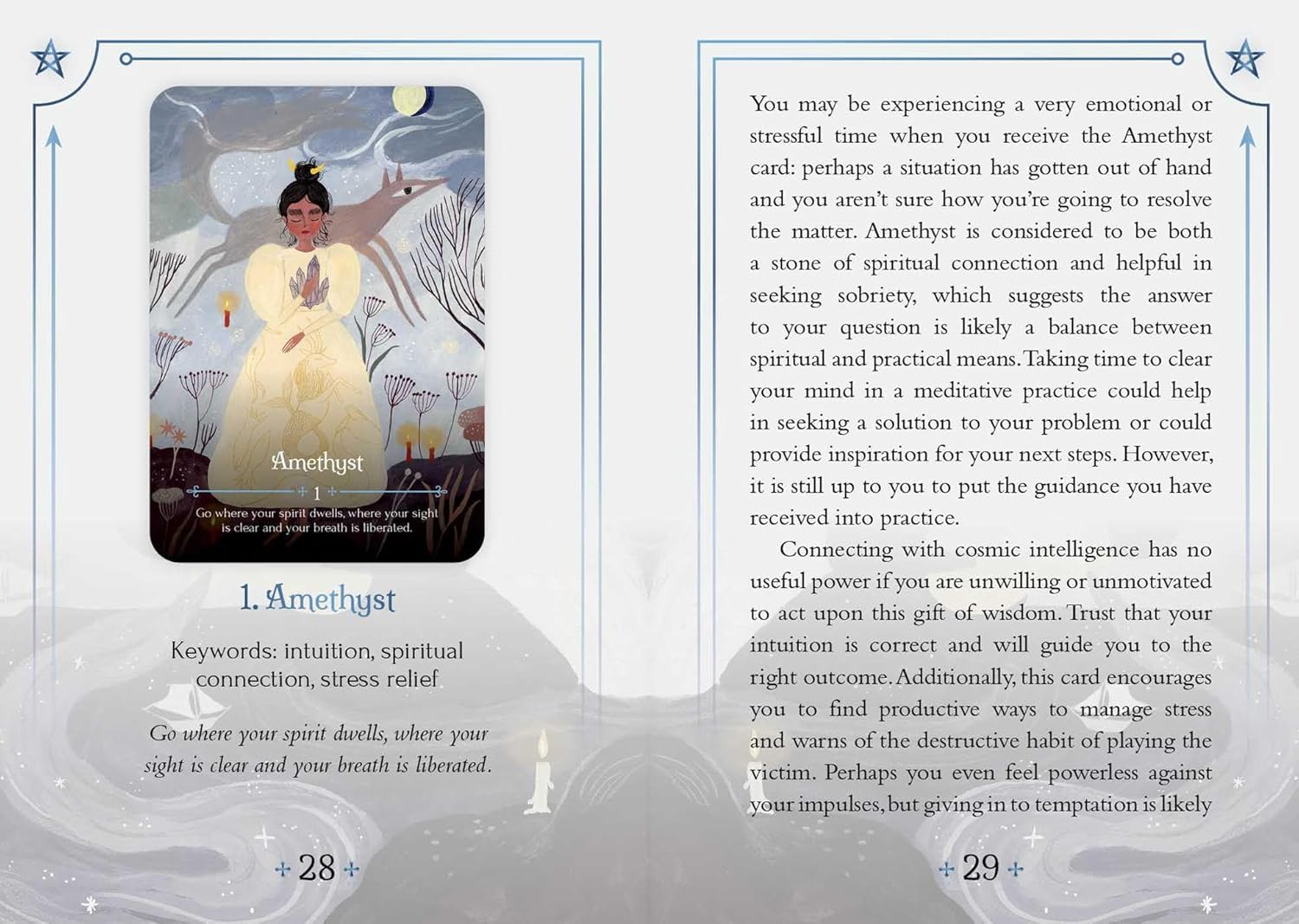 Card from a tarot or oracle deck with an illustration of a woman and text on a gray background.