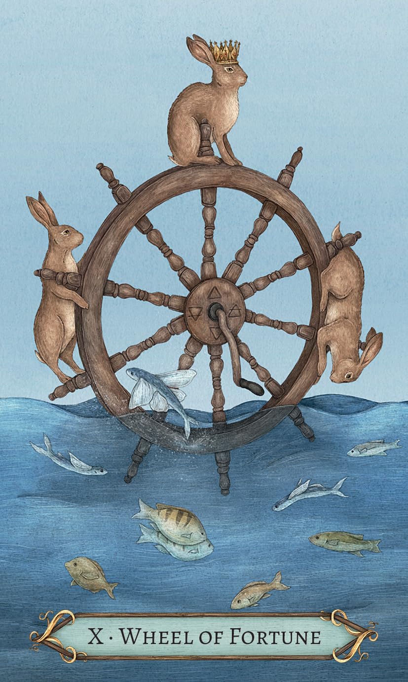 Cartoon illustration of a wheel of fortune with rabbits and fish on a blue background