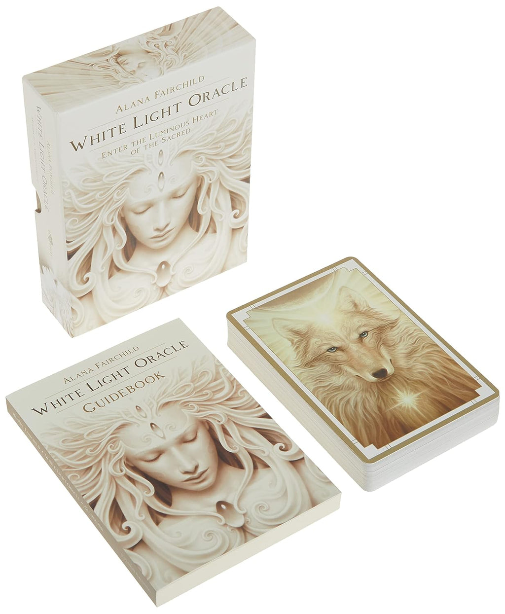 White Light Oracle card set with packaging and guidebook on a white background