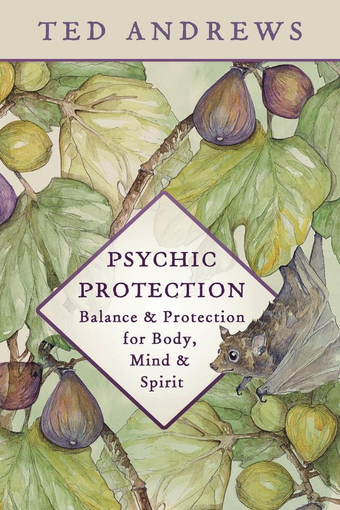 Book cover of 'Psychic Protection' by Ted Andrews with illustrations of figs and a bat.