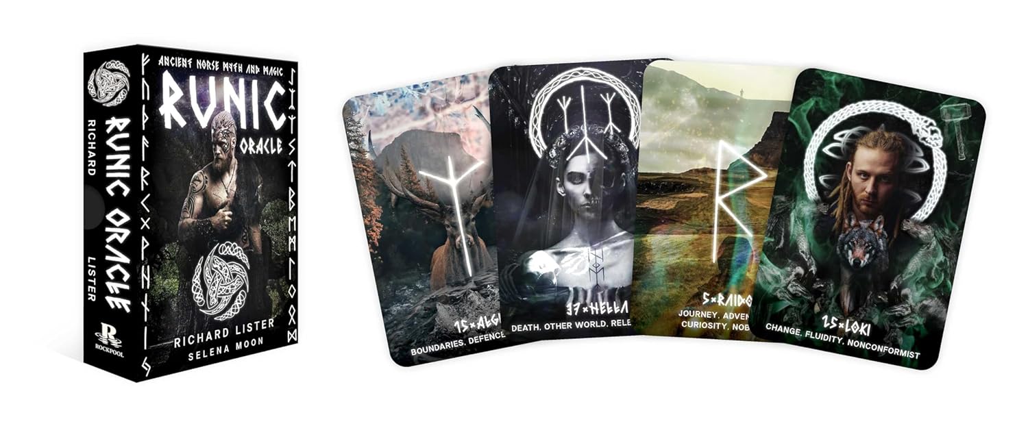 Runic Oracle card set with packaging on a white background