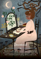 Illustration of a woman writing at a desk with a cat, surrounded by flowers and a mirror, with text about introspection and letters.
