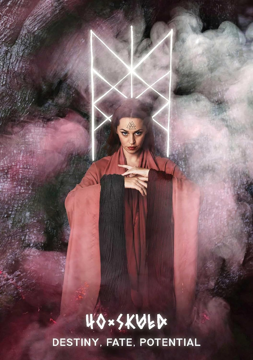 Woman in a red robe with a mystical symbol above her head, surrounded by smoke and light.