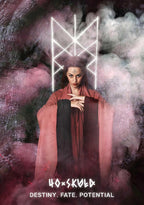 Woman in a red robe with a mystical symbol above her head, surrounded by smoke and light.