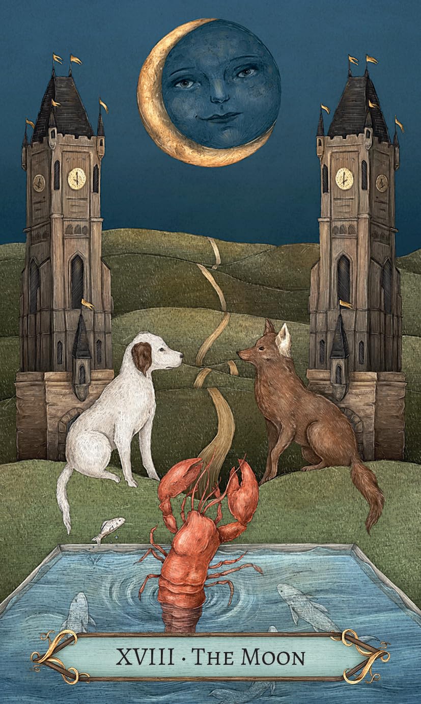 Card titled 'XVIII - The Moon' featuring a dog, a wolf, a lobster, and a moon face above a castle.