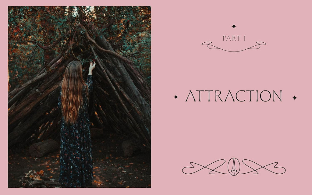 Woman standing in a forest with a pink background and text 'Attraction'.