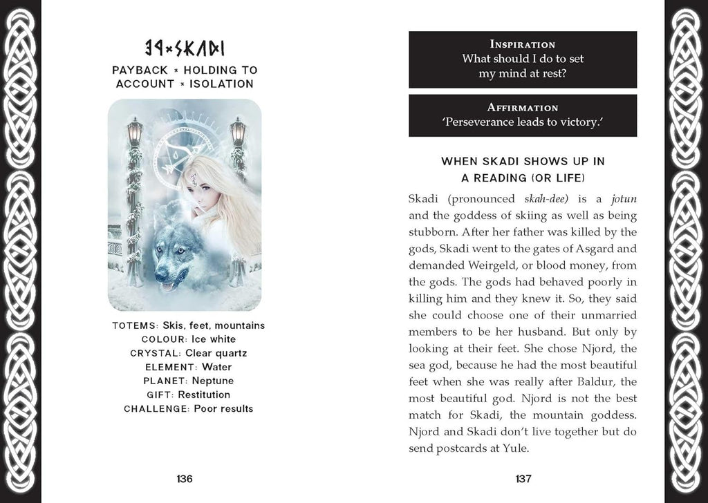 Page from a book or guide featuring Skadi, a Norse goddess, with text and illustrations.