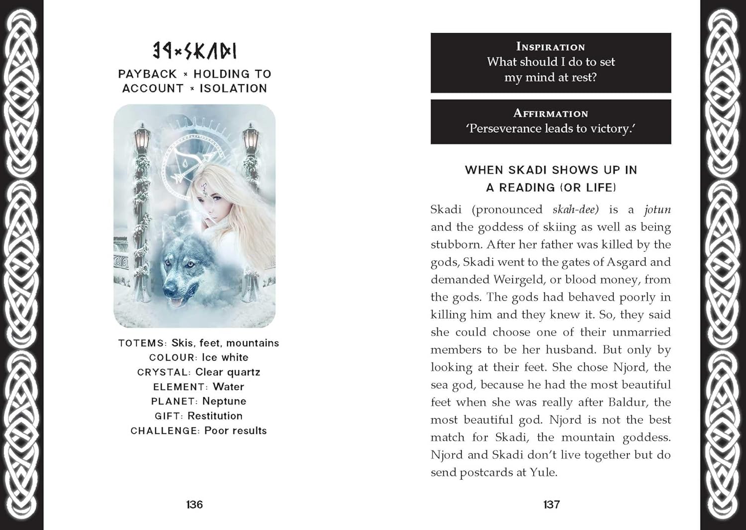 Page from a book or guide featuring Skadi, a Norse goddess, with text and illustrations.