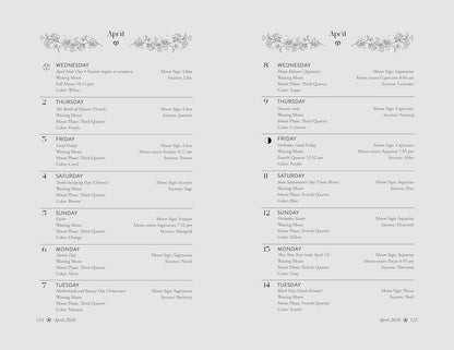 Calendar page with astrological signs and dates on a light gray background