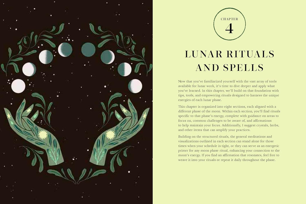 Book page with illustration of hands holding leaves and moon phases, titled 'Lunar Rituals and Spells'.
