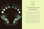 Book page with illustration of hands holding leaves and moon phases, titled 'Lunar Rituals and Spells'.