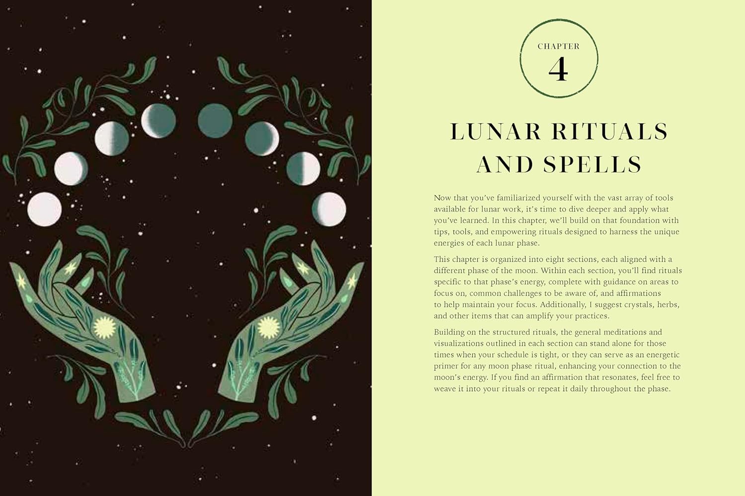 Book page with illustration of hands holding leaves and moon phases, titled 'Lunar Rituals and Spells'.