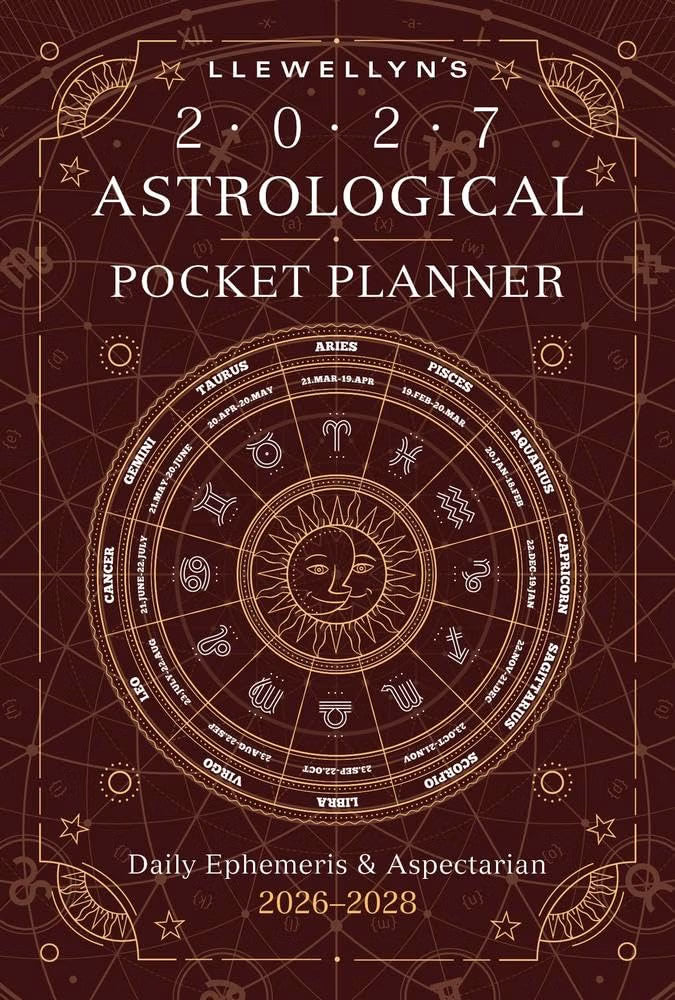 Llewellyn's 2027 Astrological Pocket Planner cover, featuring a dark reddish-brown background with gold celestial illustrations, a central zodiac wheel, and white and gold text.