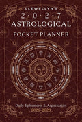 Llewellyn's 2027 Astrological Pocket Planner cover, featuring a dark reddish-brown background with gold celestial illustrations, a central zodiac wheel, and white and gold text.