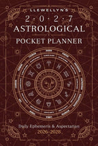 Llewellyn's 2027 Astrological Pocket Planner cover, featuring a dark reddish-brown background with gold celestial illustrations, a central zodiac wheel, and white and gold text.