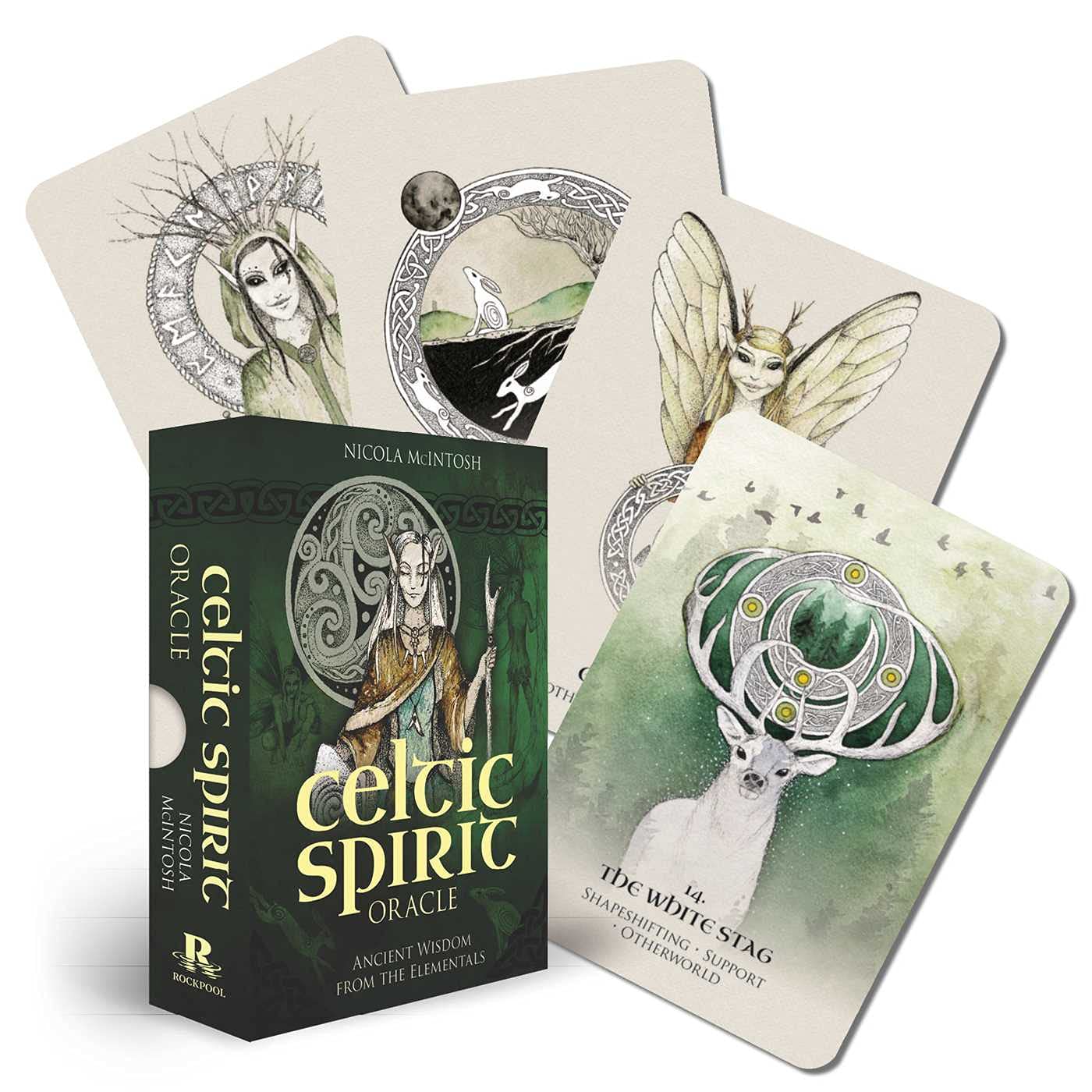 Celtic Spirit Oracle cards with a book titled 'Celtic Spirit Oracle' on a white background