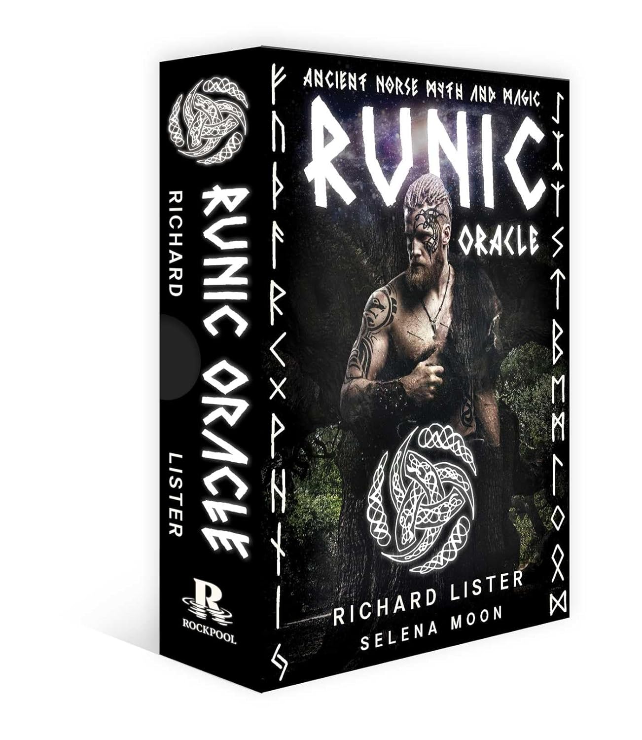 Runic Oracle card set packaging with a person and runes on a white background