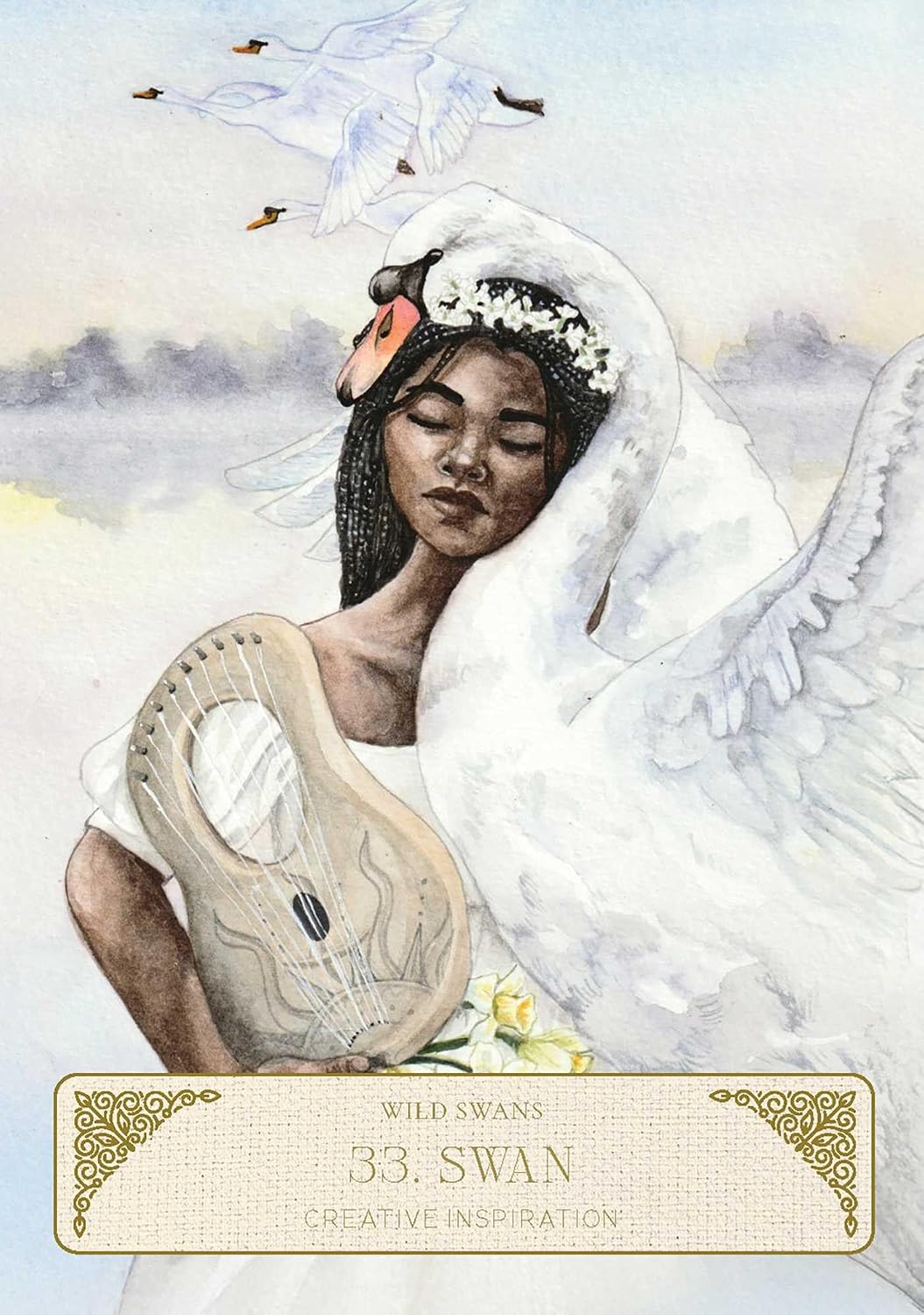 Illustration of a woman in a white dress with a swan, surrounded by nature elements.