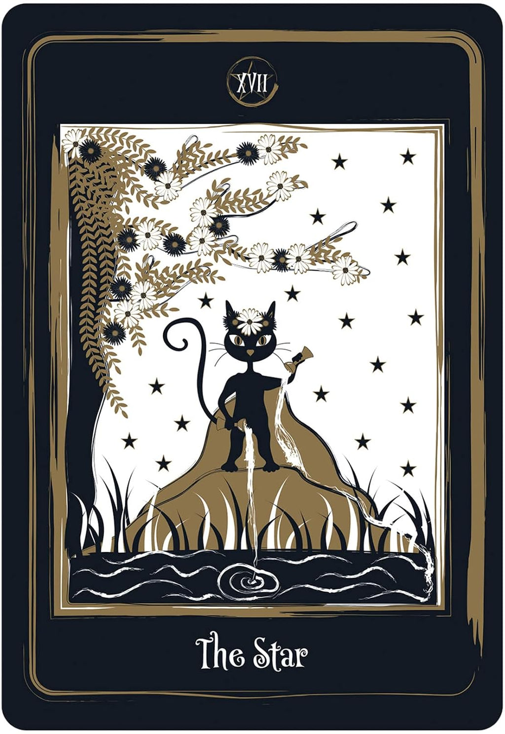 Tarot card titled 'The Star' featuring a black cat on a mountain with stars and flames.