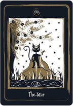 Tarot card titled 'The Star' featuring a black cat on a mountain with stars and flames.