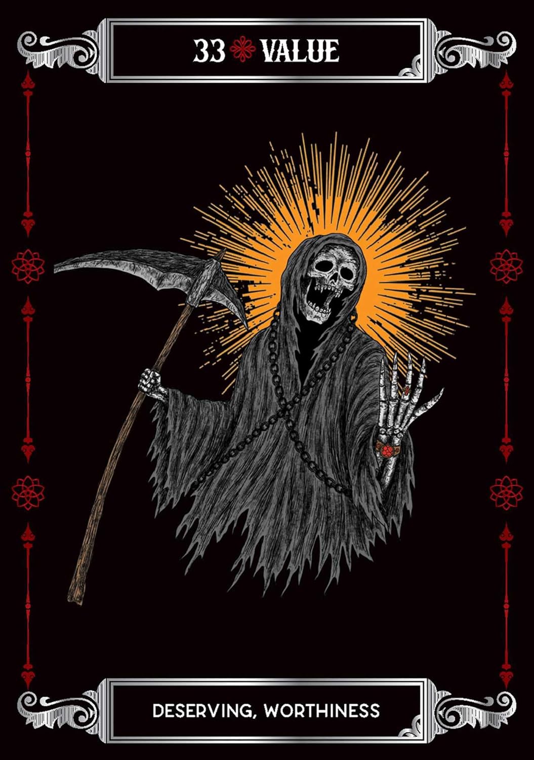 Gothic-style illustration of a skeleton with a scythe on a black background, featuring ornate text and symbols.