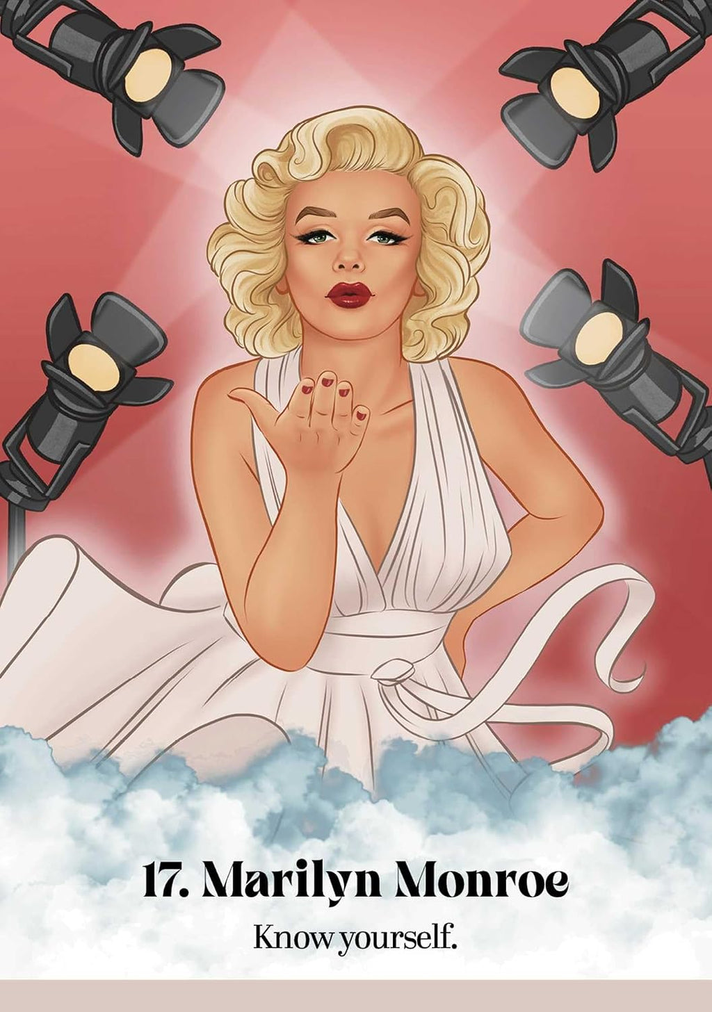A stylized illustrated portrait of Marilyn Monroe in a white dress, surrounded by four stage lights on a pink background, with the text '17. Marilyn Monroe' and 'Know yourself.