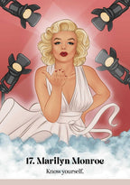 A stylized illustrated portrait of Marilyn Monroe in a white dress, surrounded by four stage lights on a pink background, with the text '17. Marilyn Monroe' and 'Know yourself.