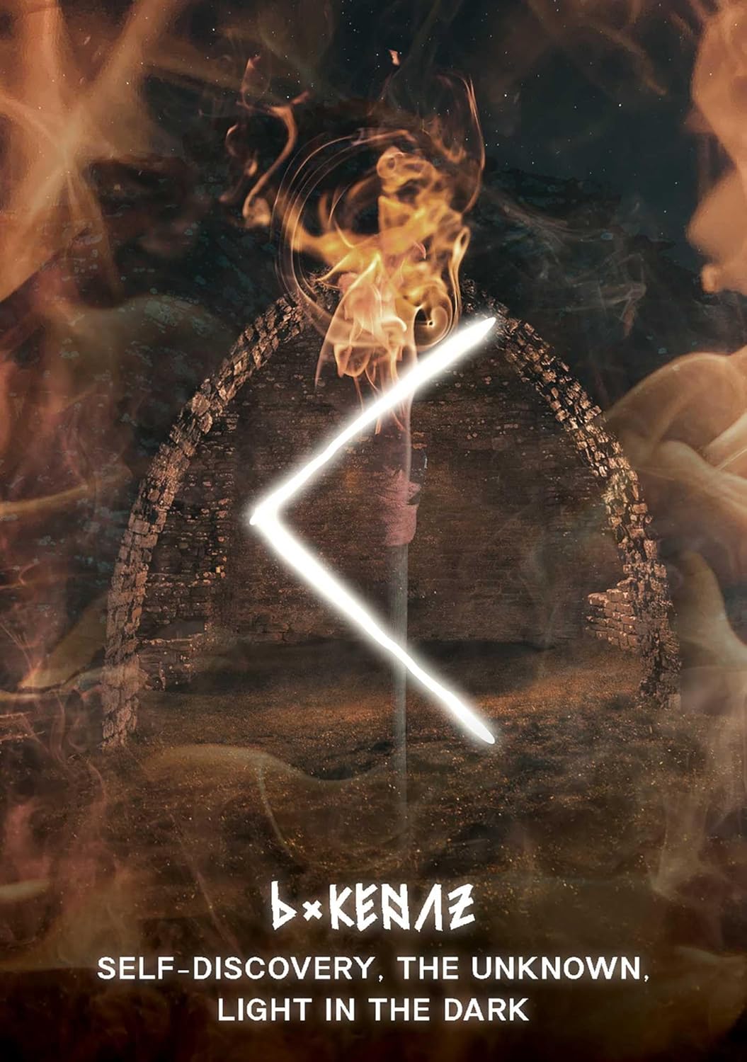 Artistic depiction of a person with glowing eyes and a forward arrow, surrounded by smoke and flames, with text 'b*kenaz' and 'Self-discovery, the unknown, light in the dark'.