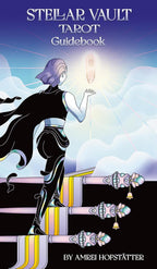 Cover of 'Stellar Vault Tarot Guidebook' with a stylized woman holding a crystal ball against a blue sky.