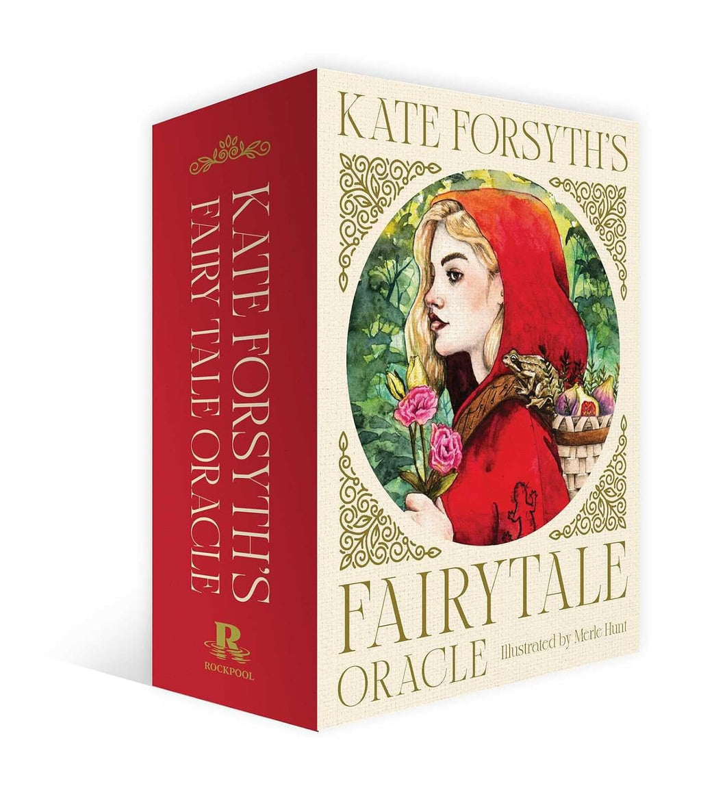 Book cover of 'Kate Forsyth's Fairy Tale Oracle' with a red-hooded figure and floral design.