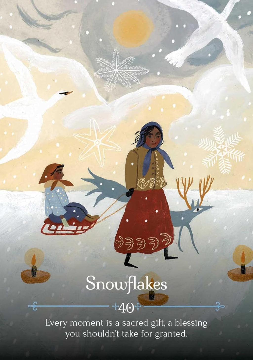 Illustration of two people with a sled in a snowy landscape, surrounded by snowflakes and animals.