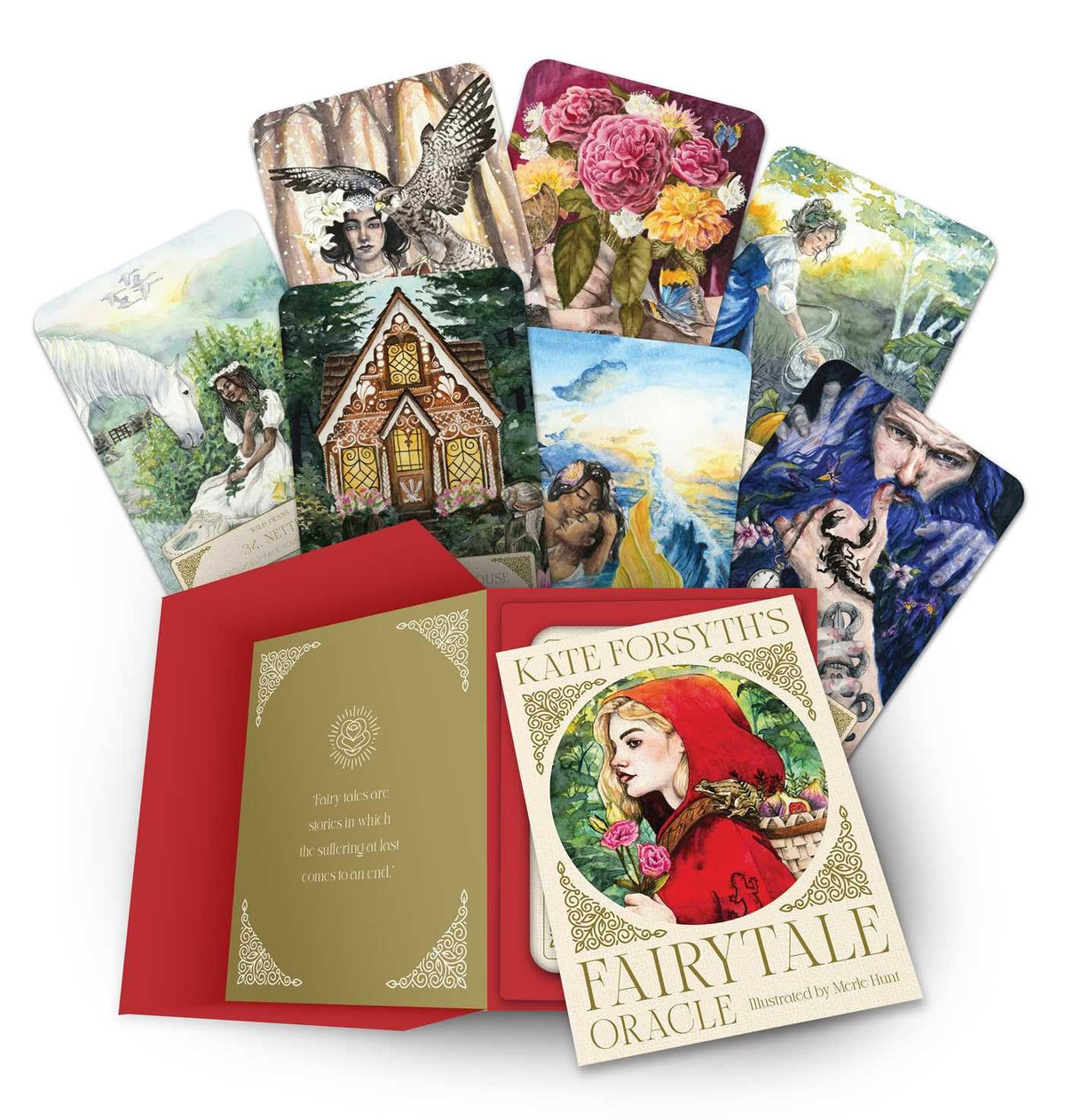A spread of the Kate Forsyth's Fairytale Oracle card deck, showing several illustrated oracle cards fanned out above an open red envelope and a gold-bordered card insert on a white background.