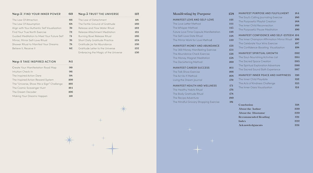 Table of contents or menu with text on a light blue background