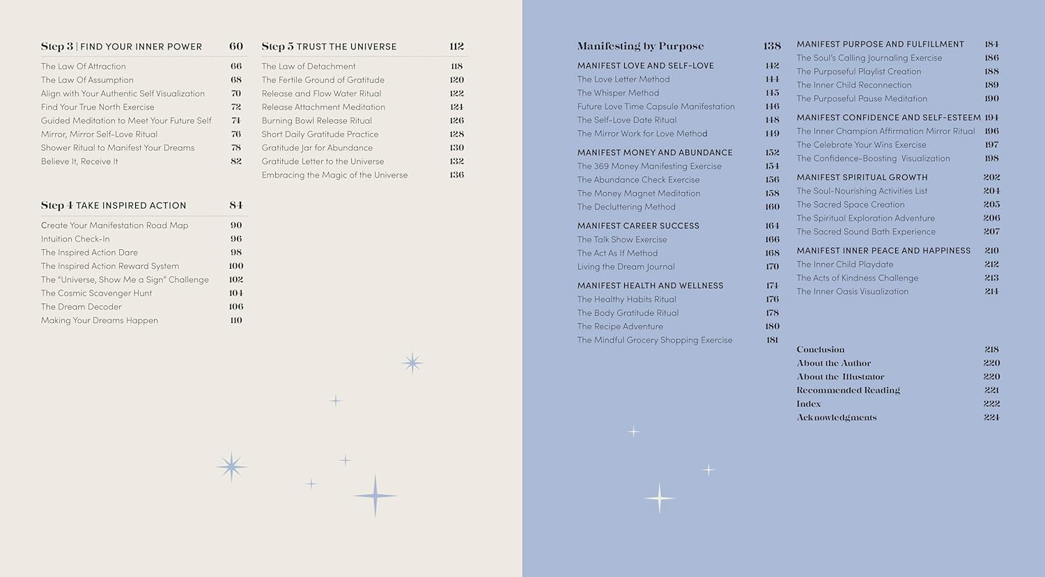 Table of contents or menu with text on a light blue background