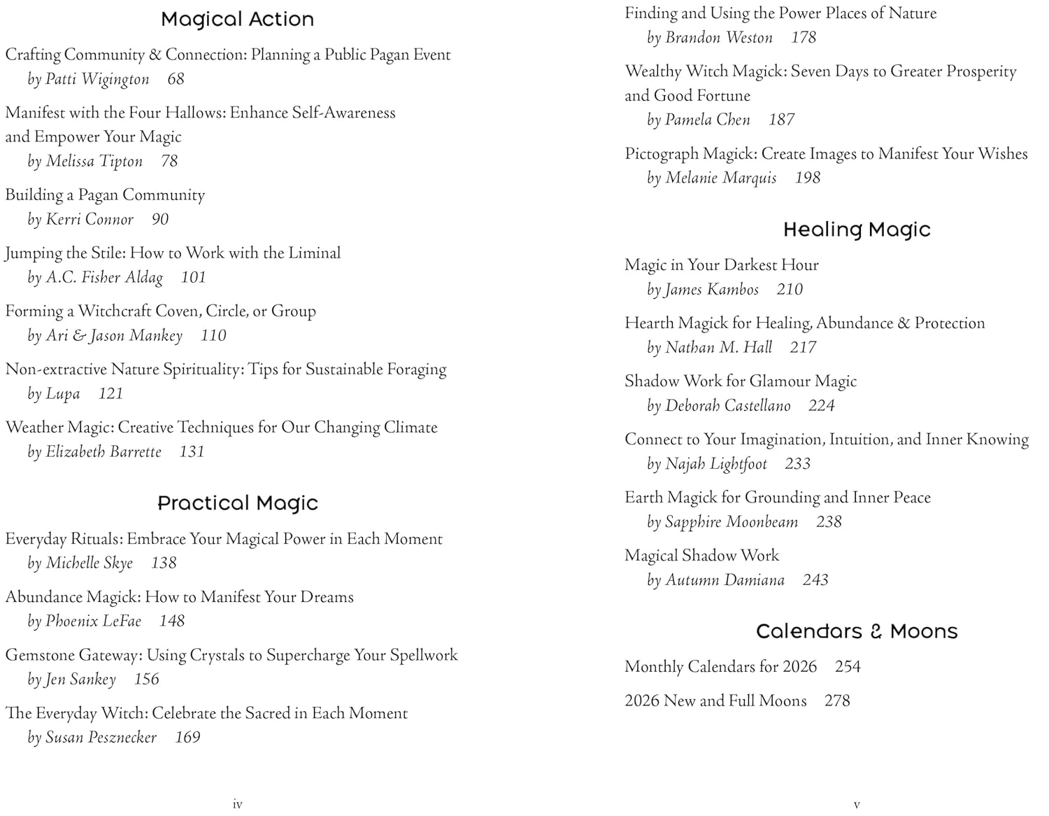 Table of contents for a book on witchcraft and magic, listing various topics and authors.