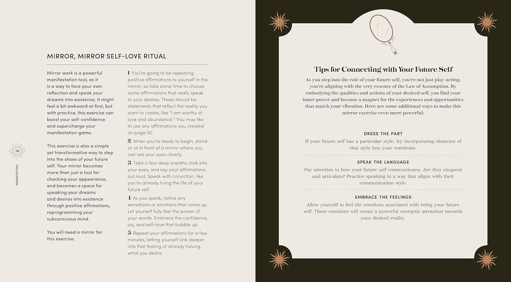 Open book with text on self-love ritual and connecting with future self on a black background.