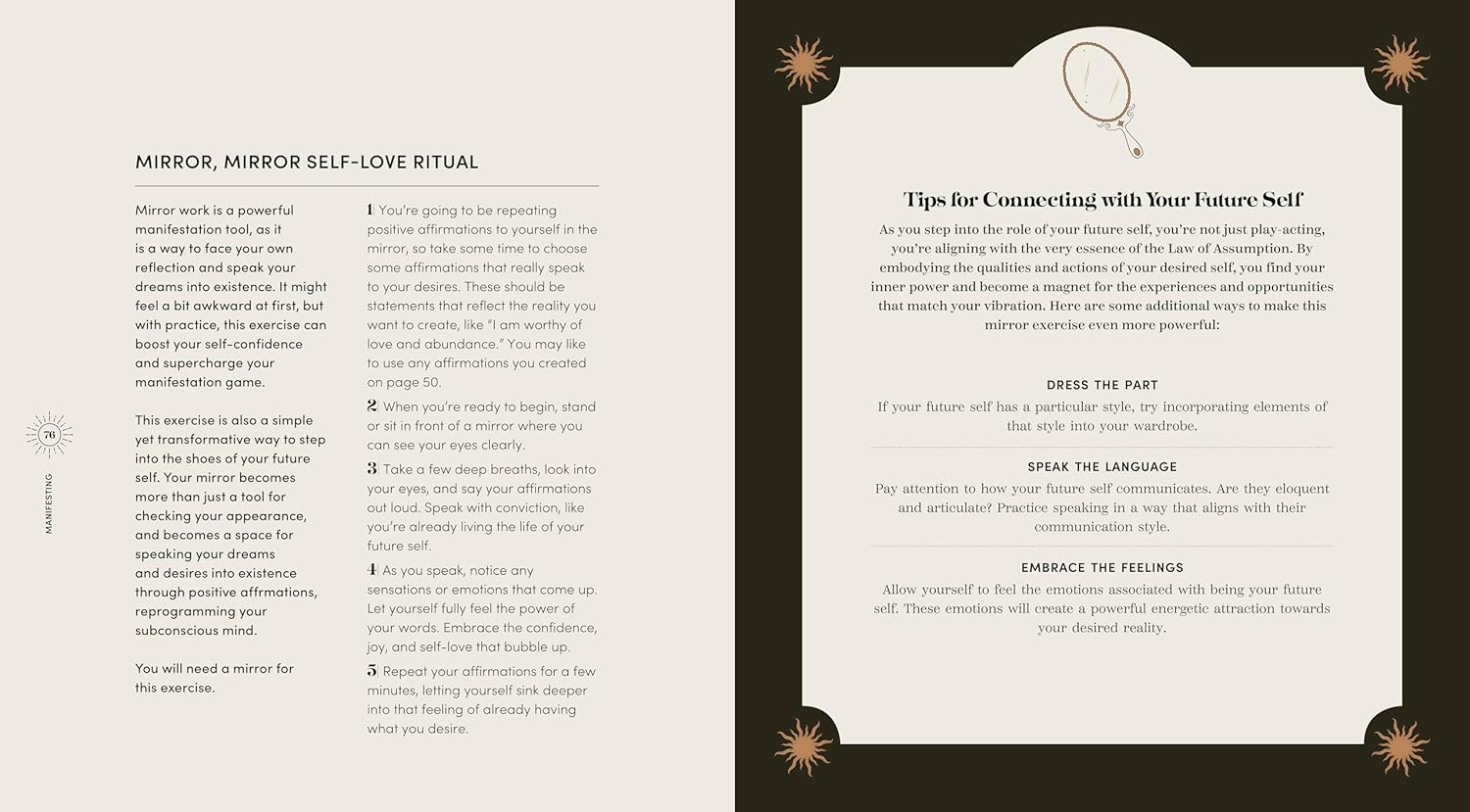 Open book with text on self-love ritual and connecting with future self on a black background.
