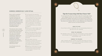 Open book with text on self-love ritual and connecting with future self on a black background.