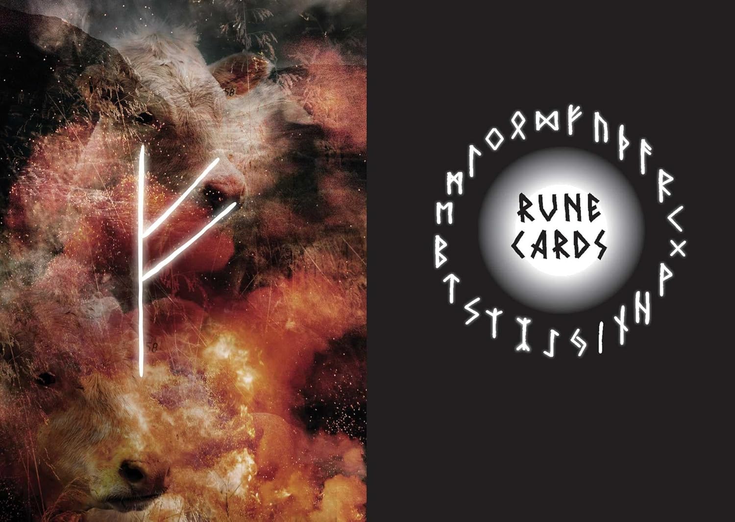 Rune cards with a mystical design featuring a bear and abstract elements.