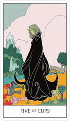 Tarot card featuring a figure in a black robe with a colorful landscape and 'Five of Cups' text.