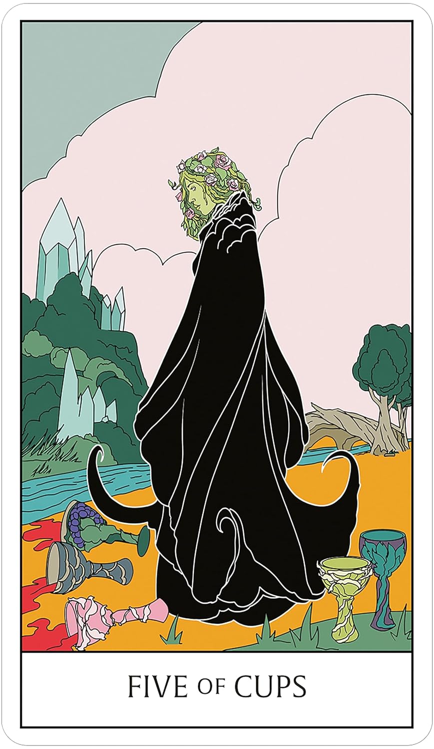 Tarot card featuring a figure in a black robe with a colorful landscape and 'Five of Cups' text.