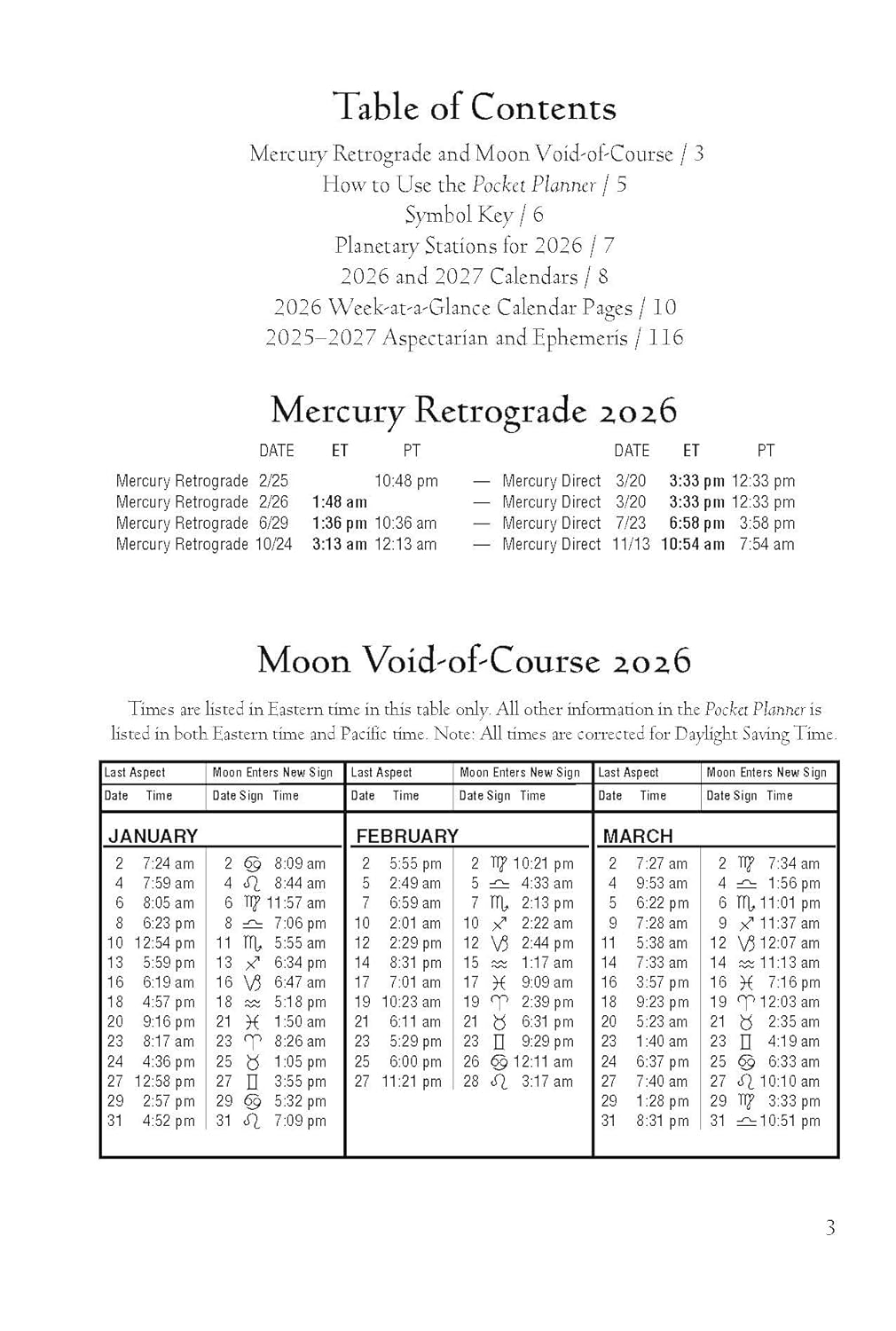 Table of contents for a 2026 calendar with Mercury Retrograde and Moon Void-of-Course information.