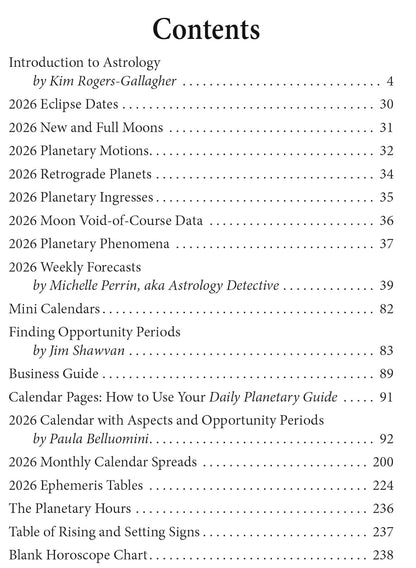Table of contents for a book on astrology with chapter titles and page numbers.