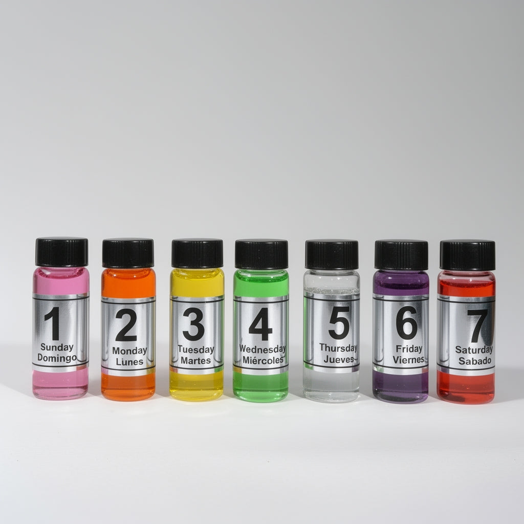 Seven bottles with colorful labels indicating days of the week on a white background