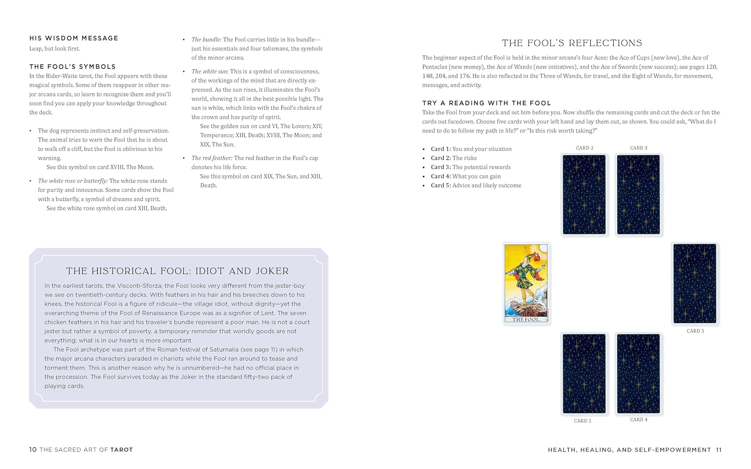 Page from a book or magazine with text and images related to tarot cards, featuring the Fool symbol.