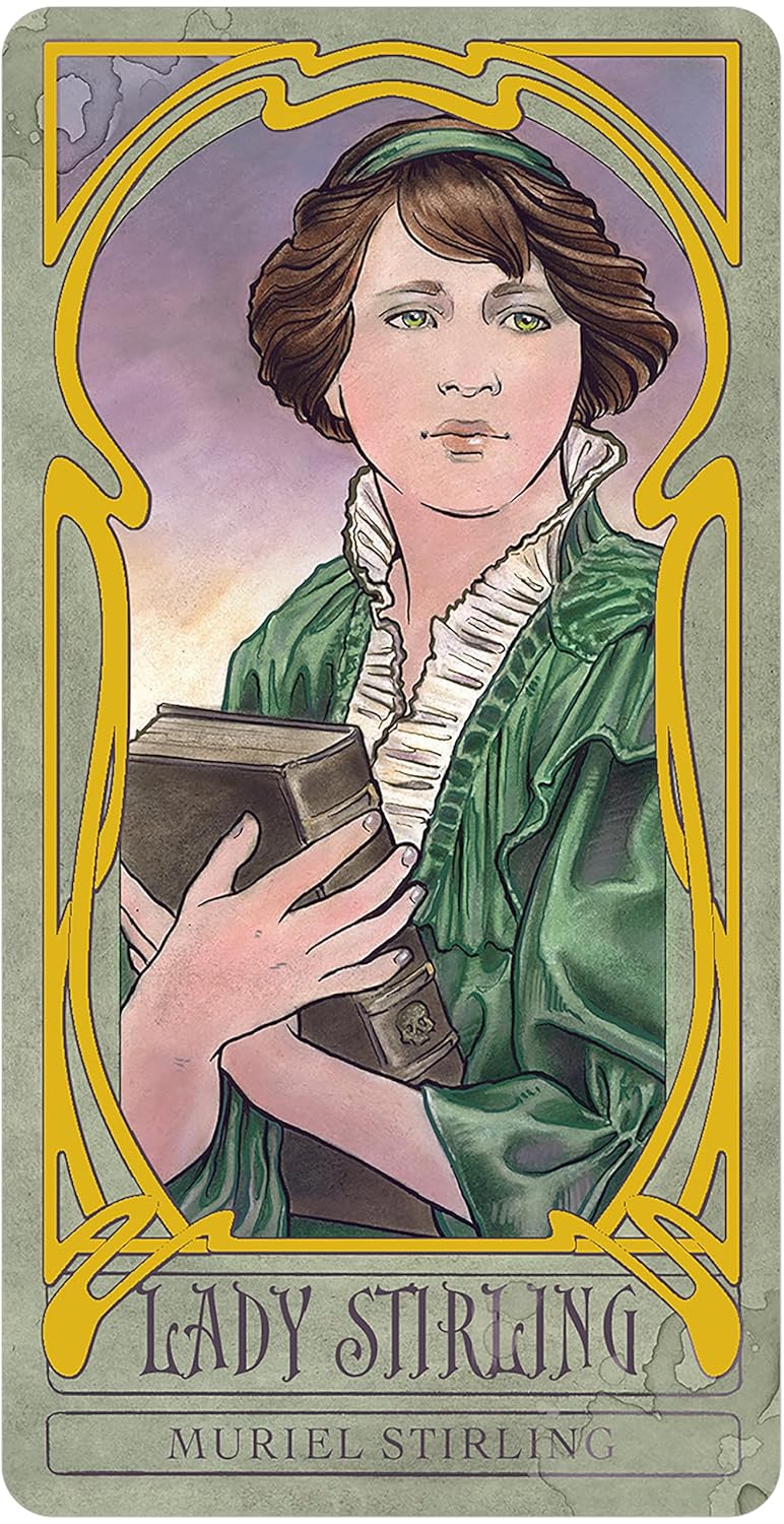 Vintage-style card featuring a woman in a green coat holding a book, with decorative border and text.